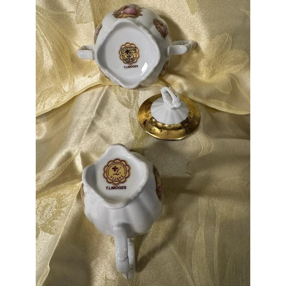 T Limoges Vizavi Oro Fragonard Sugar Bowl w Lid & Creamer 24K Gold Italy